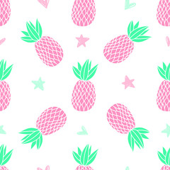 Pineapples on the white background. Vector seamless pattern with tropical fruit. Cute girl style, pink