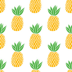 Pineapples on the white background. Vector seamless pattern with tropical fruit. Classic style orange and green