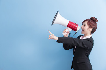 business woman take microphone happily
