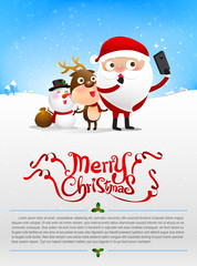 Merry christmas text and santa claus cartoon selfie with smartph