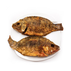 Fried Fish on White Porcelain Plate, Isolated on White Backgroun