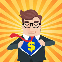 Super business man opening shirt in superhero style. money conce
