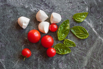 Ingredients for italian caprese salad with mozzarella, tomatoes and basil