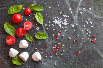 Ingredients for italian caprese salad with mozzarella, tomatoes and basil