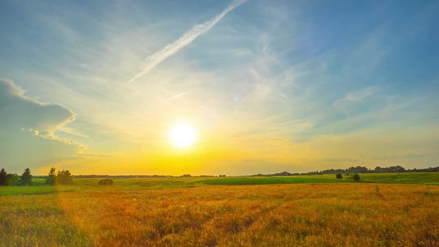 Rural summer landscape and sunset, panoramic time-lapse