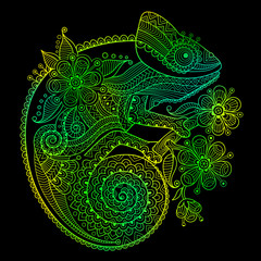 The outline vector illustration of a green chameleon on black background © baksiabat