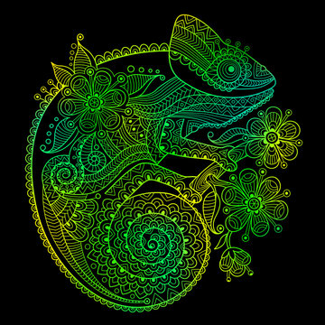 The outline vector illustration of a green chameleon on black background