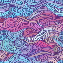 Vector color abstract hand-drawn hair pattern with waves and clo