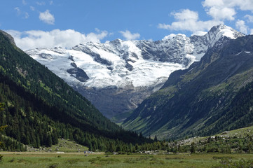 Blick vom Tal der Krimmler Ache auf das Massiv der Dreiherrnspitze, Hohe Tauern