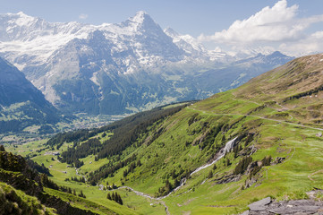 Fototapeta na wymiar Grindelwald, Berner Oberland, Alpen, Schweizer berge, Eiger, Mönch, Jungfrau, Waldspitz, First, Wanderweg, Wanderferien, Sommer, Schweiz