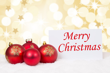 Red Merry Christmas balls card stars wishes