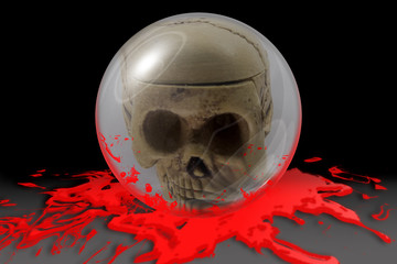 skull death in glass ball and blood in the dark