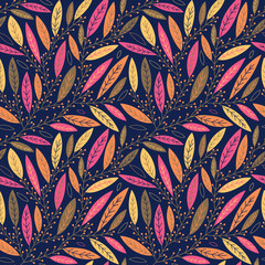 Autumn leaves on branches with berries seamless pattern