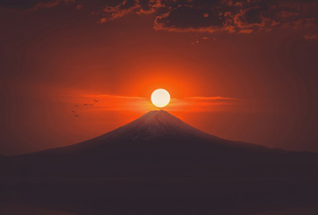 Silhouette of Mount Fuji at Lake kawaguchiko on Sunrise