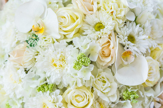 bouquet with white rose bush, as a background