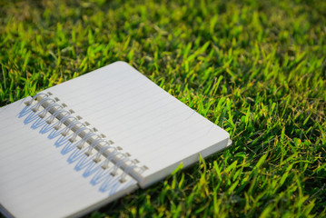 Old notebook on fresh spring green grass
