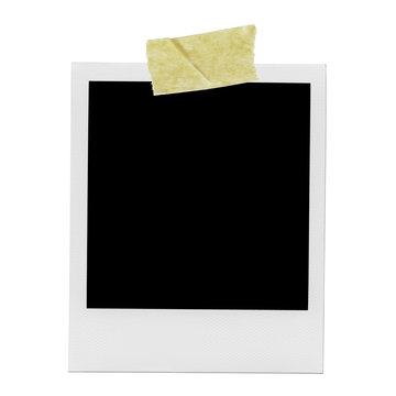 Blank polaroid photo frame with yellow tape.