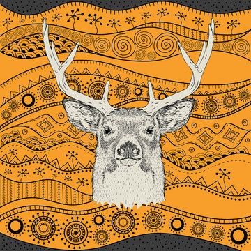 Hand draw deer portra on African hand draw ethno pattern, tribal background. Beautiful black woman. Profile view. Vector illustration