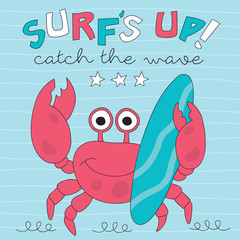 cute crab surfer vector illustration - obrazy, fototapety, plakaty