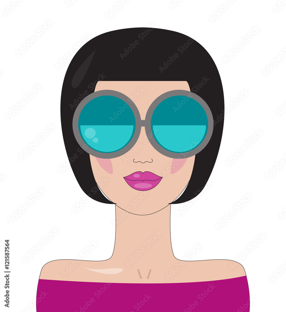 Poster Vector fashion girl in big round glasses. Women's flat glamorous character isolated on white background. Attractive brunette with  Bob haircut in beautiful sunglasses.