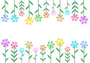 White background with flowering colorful flowers in a row up and down. Blooming flowers of different colors and sizes with green stems and leaves