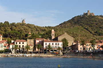 Fototapeta premium Coastal town of Collioure and Notre Dame des Anges Church , Collioure, Roussillon, Oriental Pyrenees,