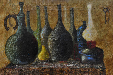 old bottles, horseshoe, pear and oil lamp, oil painting