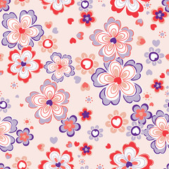 Fun Retro Floral Seamless Repeat Background - Pink & Purple - 121592305