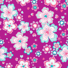 Fun Retro Floral Seamless Repeat Background - Magenta, Pink & Mint - 121592352