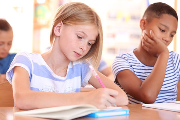 Cute schoolgirl on lesson in classroom