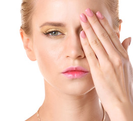 Obraz na płótnie Canvas Young woman with beautiful makeup, closeup