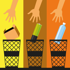 Separate waste collection and sorting: cardboard, battery, plastic. Vector illustration