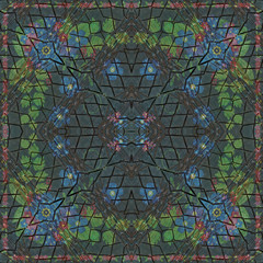 Seamless background pattern with blurred flowers, wooden texture for scrapbook, wall, table, texture veneer and parquet. Mirror reflection Collage. Kaleidoscope montage for flooring, parquet floor