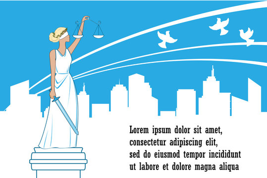 Goddess of justice Themis on the city background. Peace, safety and immunity concept. Femida with balance and sword