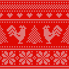 Red Holiday seamless pattern with cross stitch embroidered roosters.