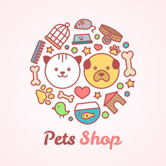 Flat line style pets shop illustration in the form of a circle. For pets shop or veterinary logo design concept. Goods for animals, vector icons set isolated on white background
