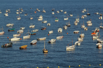 Boats moored in summer in Calella de Palafrugell, Girona province, Spain