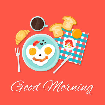 Breakfast isolated flat vector icon set illustration. Good morning. Eggs smile, toast, croissant, coffee