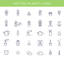 Garden and Potted Plants Care Instructions Icons and Pictograms. Vector Flat Outline Symbols - 121595119