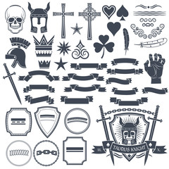 Set to create a retro logos to use an example. Skull, helmet knight, cross, spades, hearts, vignette, crown, feather, clover, hand, sword, banners, ribbons, shields.