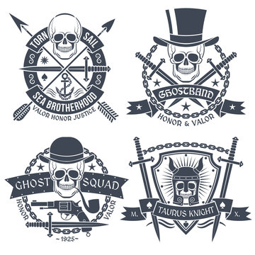 Vintage emblem with skull, well suited as tattoos, t-shirt. Text is easy to change for your own. Skull, dagger, pistol, hat, chain ghost, arrow, anchor, pipe, sword, shield, knight's helmet.
