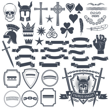 Set to create a retro logos to use an example. Skull, helmet knight, cross, spades, hearts, vignette, crown, feather, clover, hand, sword, banners, ribbons, shields.