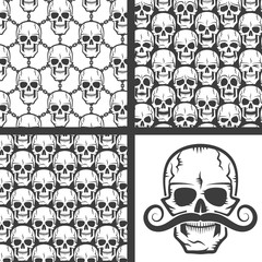 Set of seamless pattern of skulls. Skull with a mustache. Pattern include in swatches window.