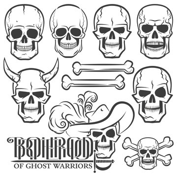 Skulls of various designs. Horned skull. Logo with skull and rapier. Skull in the Hat. The skull with horns. Jolly Roger.Ideal for tattoo.