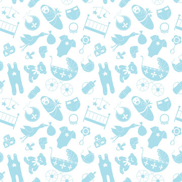 Vector seamless pattern with baby elements. Newborn clothes and accessories repeating background in doodle style for textile, wrapping paper, scrapbooking.