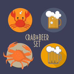 Crab and Beer Vector Icons Set in cartoon style could be used as icon, sticker, crab fest sign, book illustration, seafood restaurant menu elements, beer festival promotion.