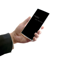 Smartphone / View of hand of business man holding smartphone on white background.
