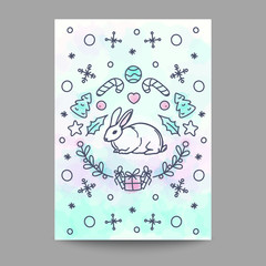 Christmas Card. New Year Poster. Rabbit Design on Watercolor Background.