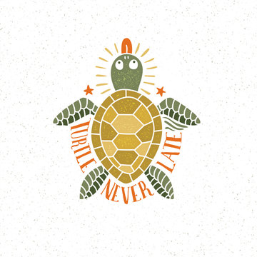 Handmade lettering, logo with colored turtle in retro, hipster style. Background and texture on separate layers.