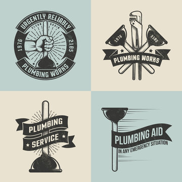 Retro, vintage logos, labels for plumbing service. Plunger in hand. Textures, background, text on separate layers.